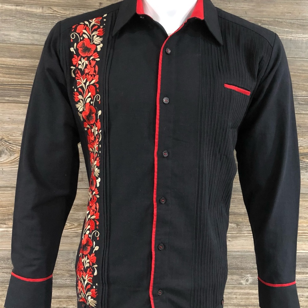 Mens Black Guayabera Dress Shirt Linen Red Flower Embroidery Mexican Handcrafted